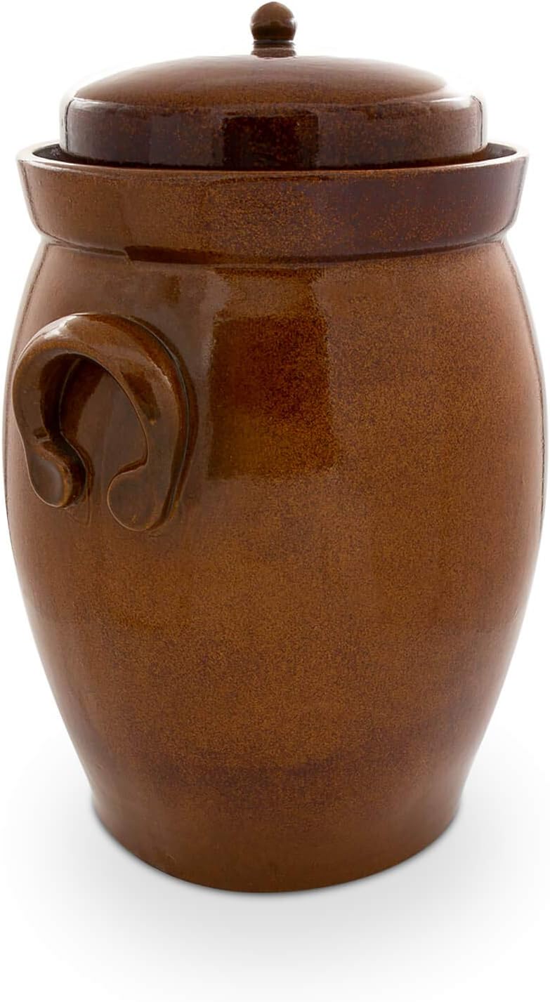 KERAZO Gärtopf 26 Liter aus Steinzeug Keramik inklusive Deckel + Stein + Anleitung [Form 2] BRAUN -