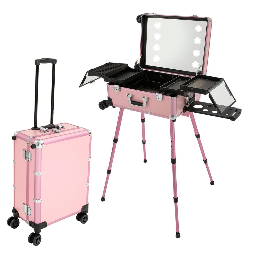 Kosmetikkoffer Trolley mit LED-Spiegel, Rosa, Aluminium, 82 cm | Ausziehbare Beine, 49 x 36 cm Spieg