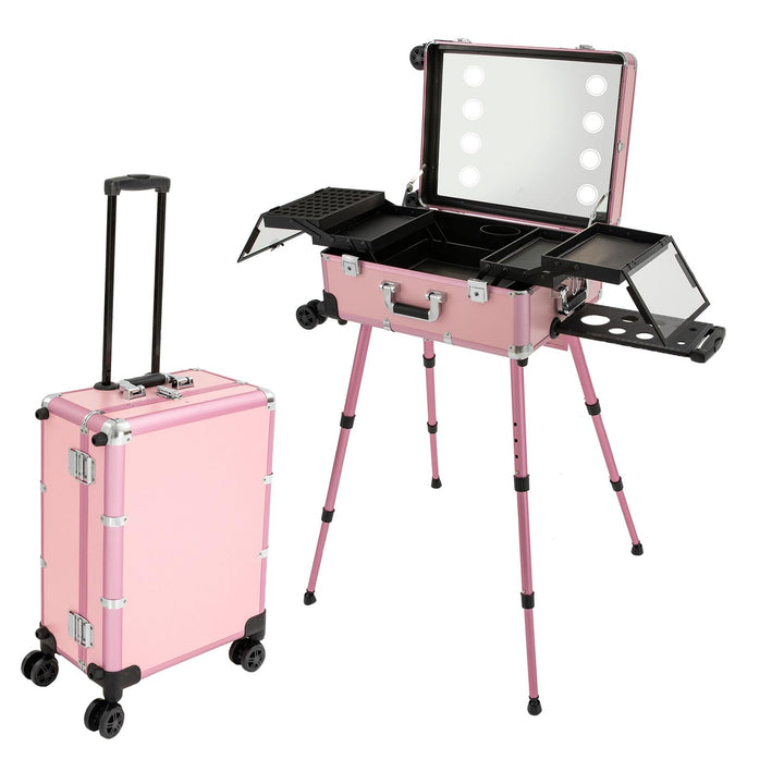 Kosmetikkoffer Trolley mit LED-Spiegel, Rosa, Aluminium, 82 cm | Ausziehbare Beine, 49 x 36 cm Spieg