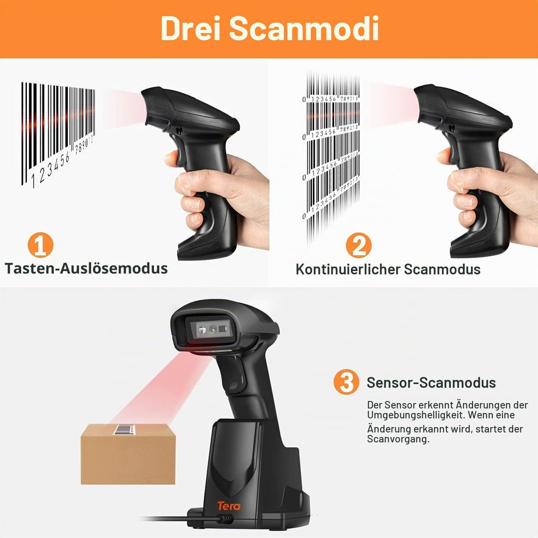 Tera Barcode-Scanner Wireless 2,4 GHz Barcodescanner für 1D 2D QR Barcodes Kabellos Barcode-Lesegerä