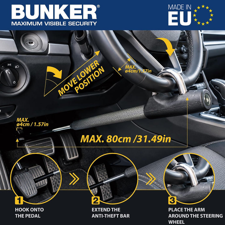 BUNKER BB83B Lenkradkralle Anti-Diebstahl, Gehärtete Schaukel, Hohe Sicherheit, Universal Max 83cm S