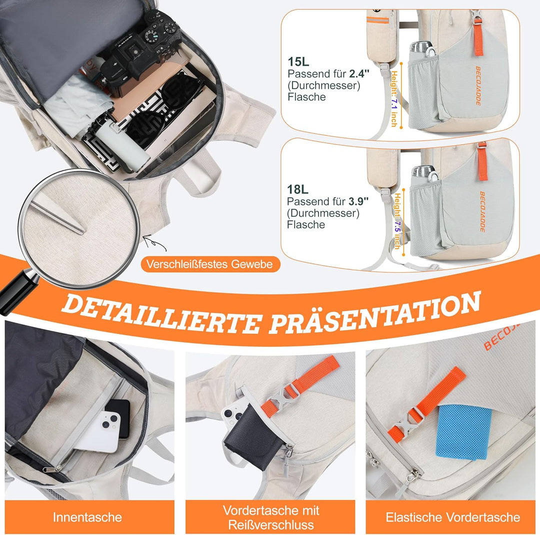 BECOJADDE 15L Wanderrucksack Herren Kleiner Rucksack Damen Leichter Daypack Tagesrucksack Faltbarer
