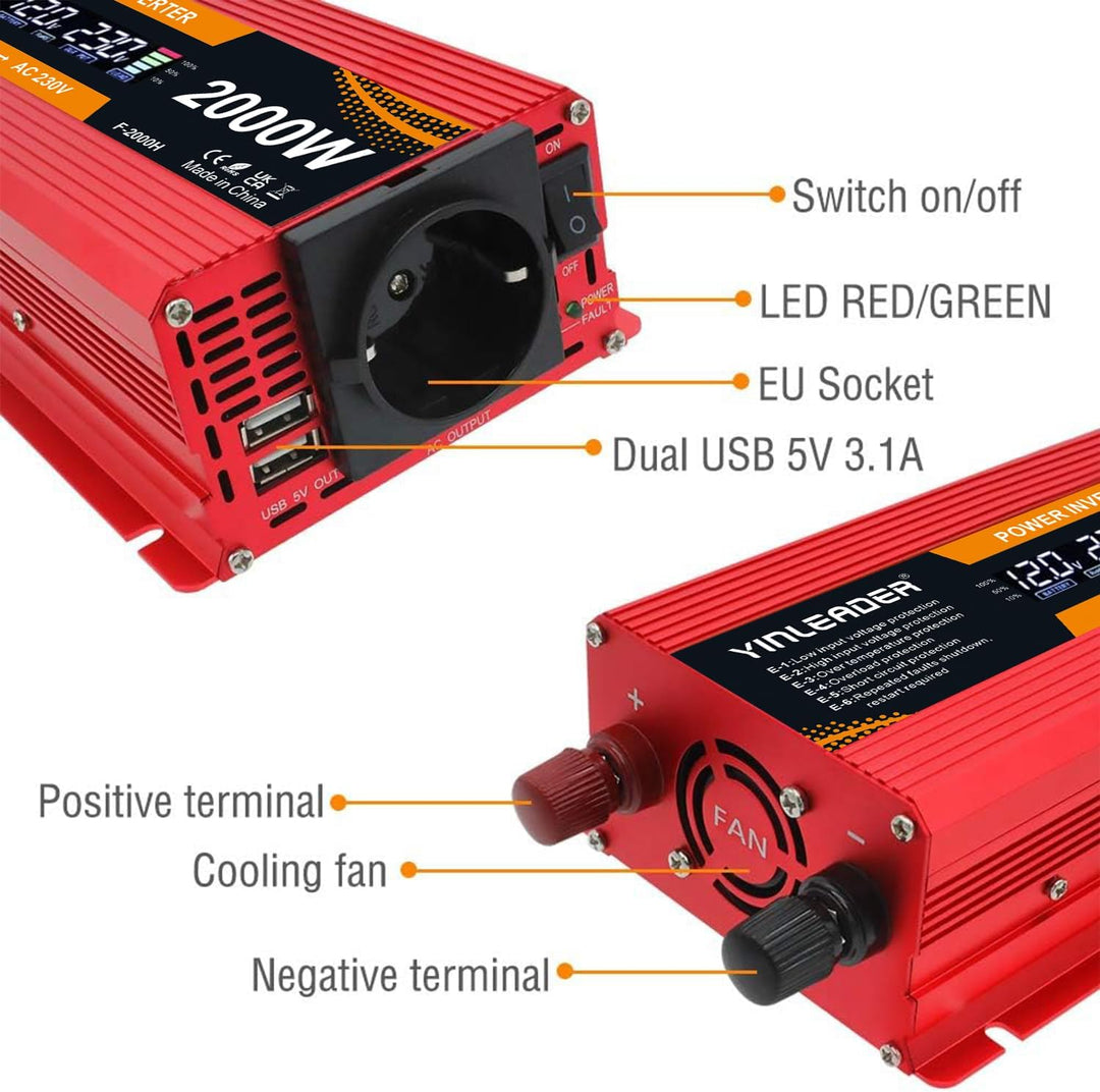 Yinleader Wechselrichter 900W / 2000W 12V 230V Spannungswandler LCD mit 2 USB