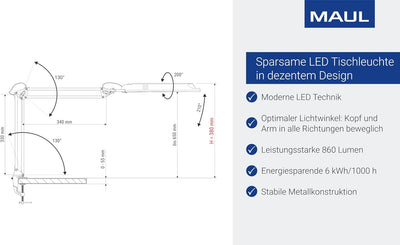 Maul LED Tischleuchte MAULatlantic, LED Klemmlampe, 6500 K, Arm Metall, Tischlampe für Schreibtisch,