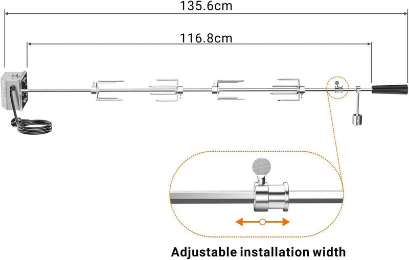 Onlyfire Universal Grillspiess Set, 120 cm inkl. 4X Fleischnadeln und Edelstahl Motor, 220V - 240V,