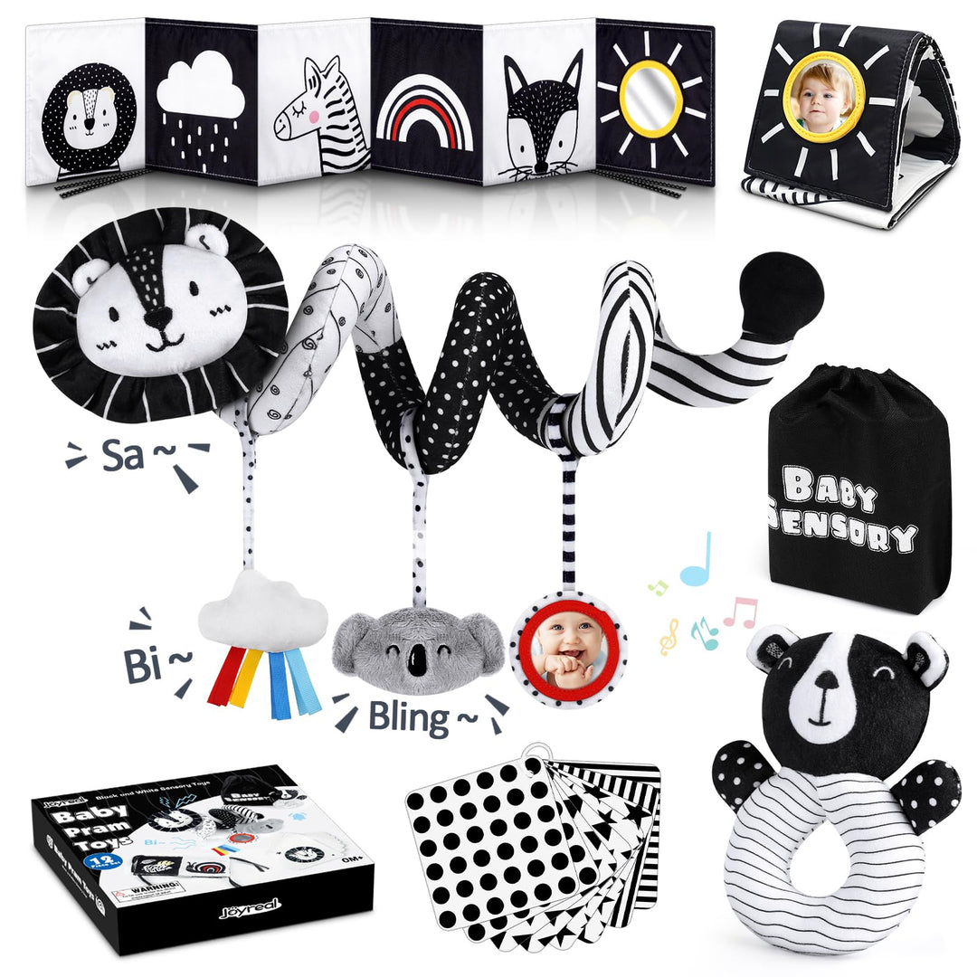 Joyreal Kinderwagen Spielzeug - Schwarz Weiss Spielzeug Stoffbuch, Kontrastbuch Baby, Kontrastkarten