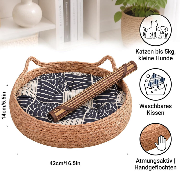 Katzenkorb Geflochten, Ø42cm Katzenbett mit Wendbarem Kissen &amp; Kühlmatte, Waschbares Haustierbett fü