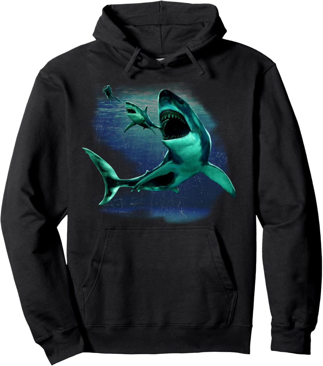 Monster Megalodon Shark, Weisser Hai & Taucher Pullover Hoodie