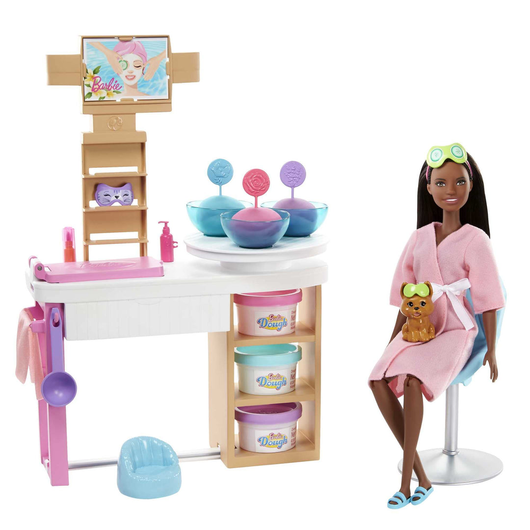 Barbie GJR85 Wellness Gesichtsmasken Spielset, brünette Puppe, Hündchen, Formen und Knete Brünett Si