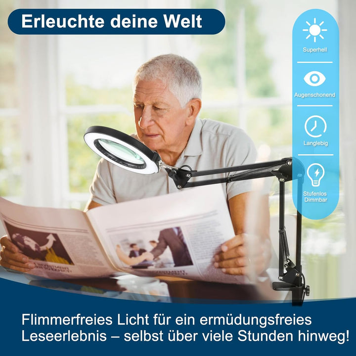 10X Lupe mit Licht und Klemme, LED Lupenlampe mit Glaslinse, 5 Farbmodi Stufenlosem Dimmen, Lupe mit