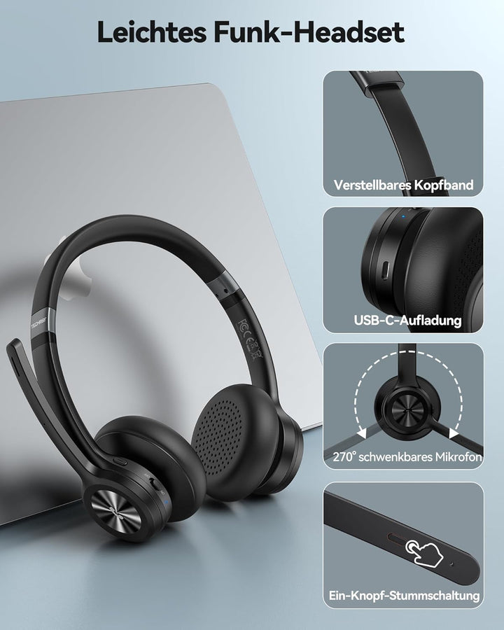 TechRise V5.2 Bluetooth Headset mit Mikrofon, Wireless Headset mit Noise Cancelling und Stummschaltu