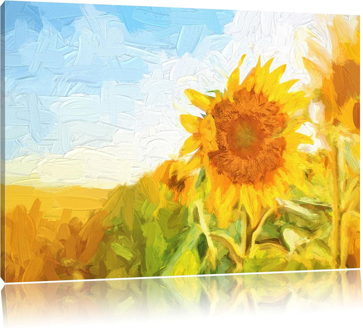 Pixxprint Sonnenblumenfeld als Leinwandbild/Grösse: 100x70 cm/Wandbild/Kunstdruck/fertig bespannt, 1
