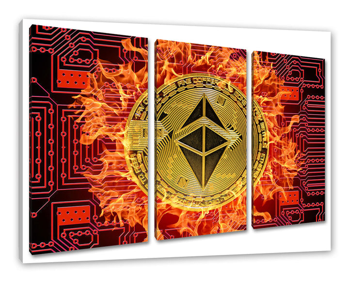 Bitcoin BTC mit Flammenals Leinwandbild 3 teilig | Grösse: 120x80 cm | Wandbild | Kunstdruck | ferti