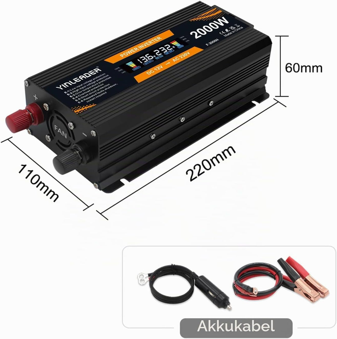 Yinleader Wechselrichter 900W 2000W 12V 230V Spannungswandler LCD mit 1 Steckdose 2 USB Anschlüsse