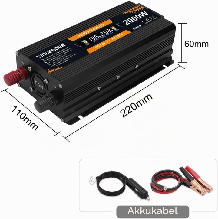 Yinleader Wechselrichter 900W 2000W 12V 230V Spannungswandler LCD mit 1 Steckdose 2 USB Anschlüsse