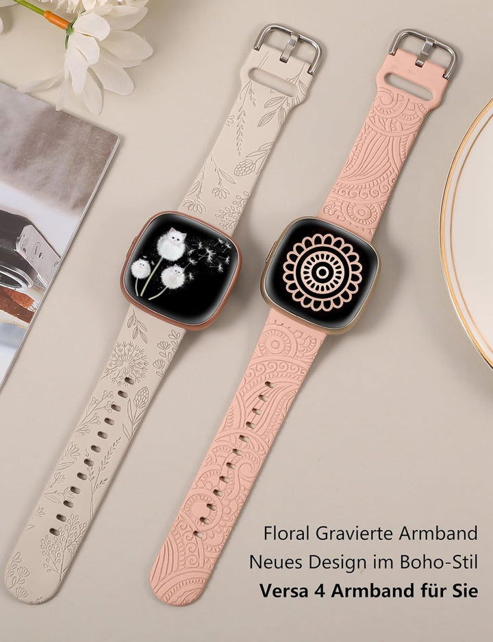 TOYOUTHS 2 Stück Floral Gravierte Armband kompatibel mit Fitbit Versa 4/Versa 3/Sense 2/Sense Armban