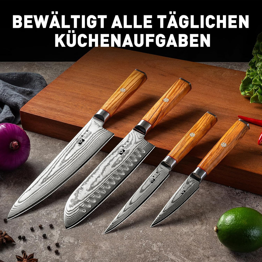 FUJUNI Damastmesser Set mit Block, 5-Teilig Messerset Damast Mit Extrem Scharf Klinge Aus 67 Lagen V