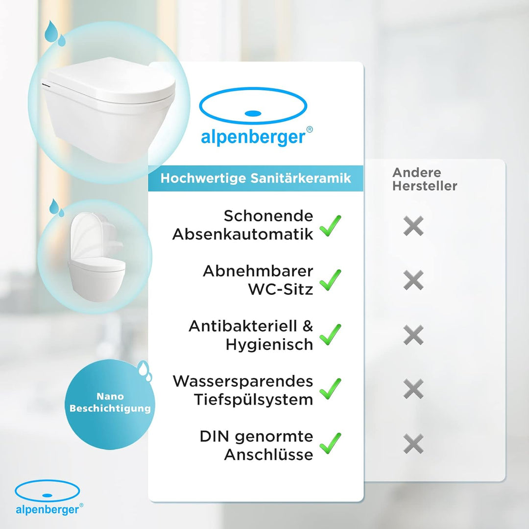 Alpenberger Dusch WC | Toilette mit Intimdusche | Wand WC mit Bidet Funktion | Hänge WC Spülrandlos