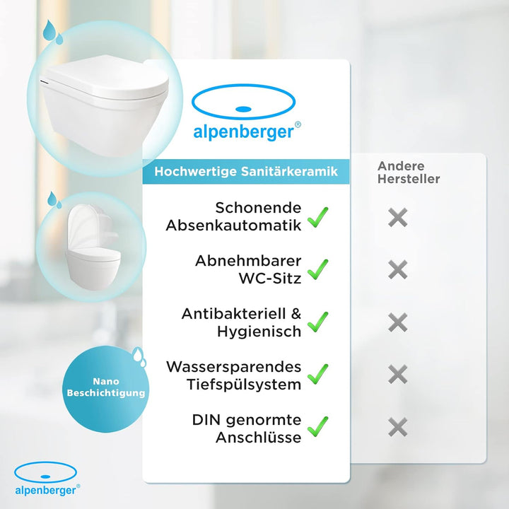 Alpenberger Dusch WC | Toilette mit Intimdusche | Wand WC mit Bidet Funktion | Hänge WC Spülrandlos