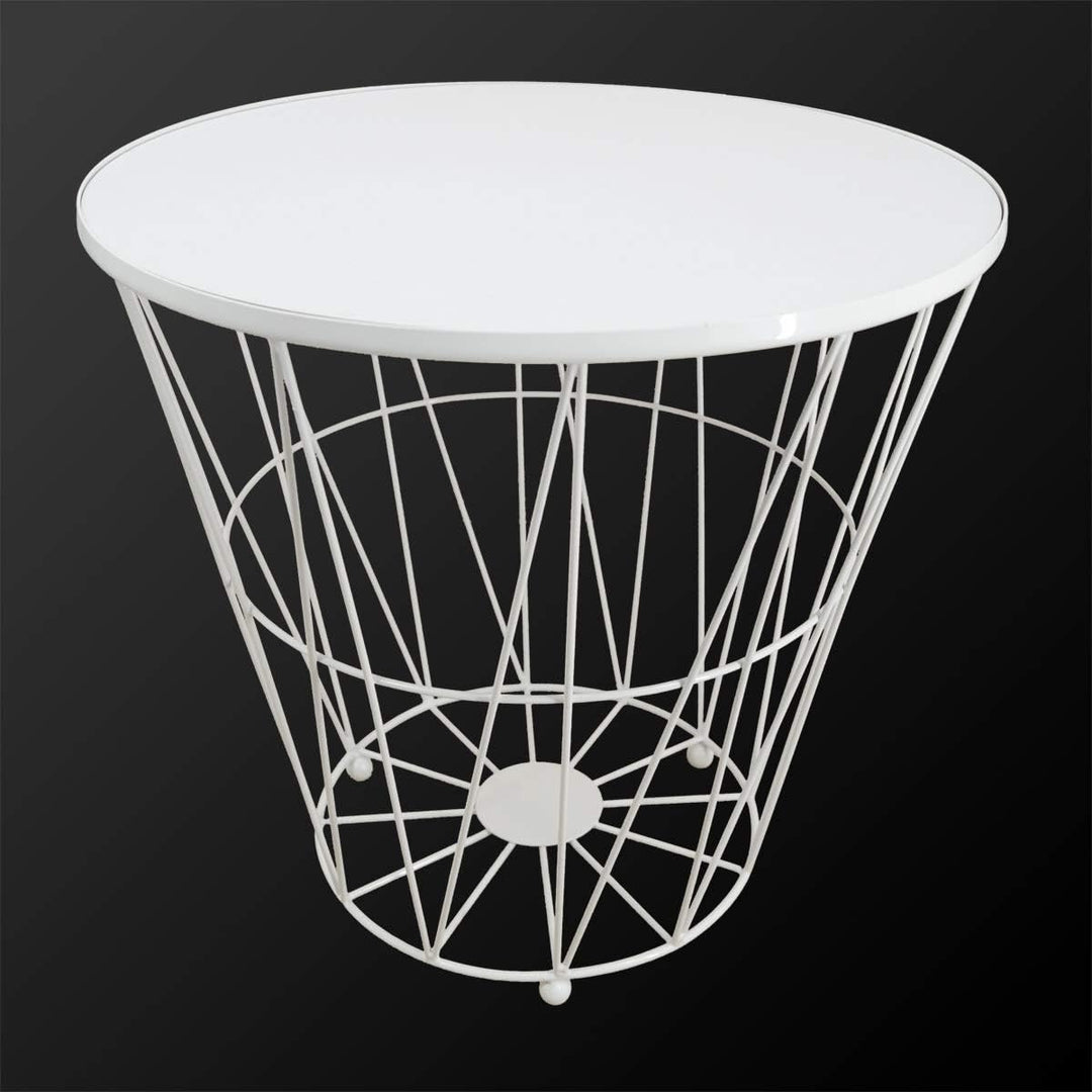 PrimoLiving Design Beistelltisch Weiss mit Deckel - Metall Drahtkorb mit Holzdeckel "Diagonal" P-840