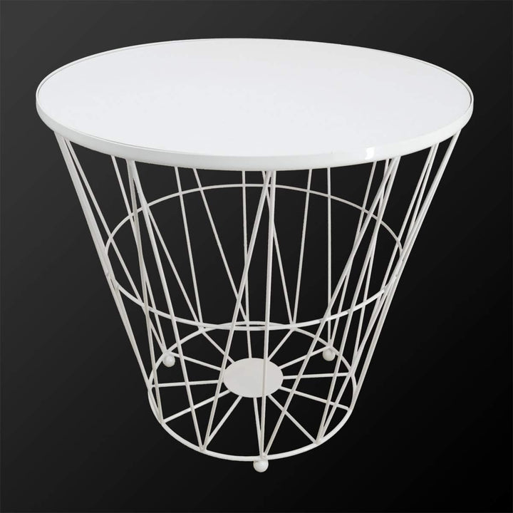 PrimoLiving Design Beistelltisch Weiss mit Deckel - Metall Drahtkorb mit Holzdeckel "Diagonal" P-840