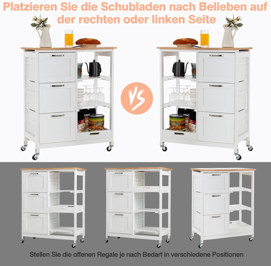GOPLUS Küchenwagen mit Stauraum, Servierwagen auf Rädern mit 3 tiefen Schubladen, offenen Regalen &