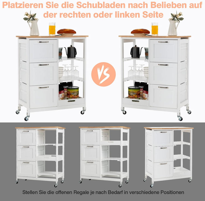GOPLUS Küchenwagen mit Stauraum, Servierwagen auf Rädern mit 3 tiefen Schubladen, offenen Regalen &