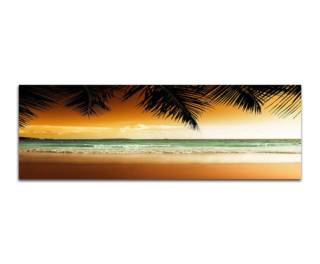 Panoramabild auf Leinwand und Keilrahmen 150x50cm Karibik Sandstrand Meer Palmen Abendsonne