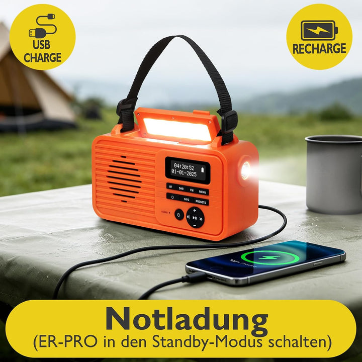 ER Pro Kurbelradio, DAB+ FM Bluetooth, Solar Notfall, Orange, Orange