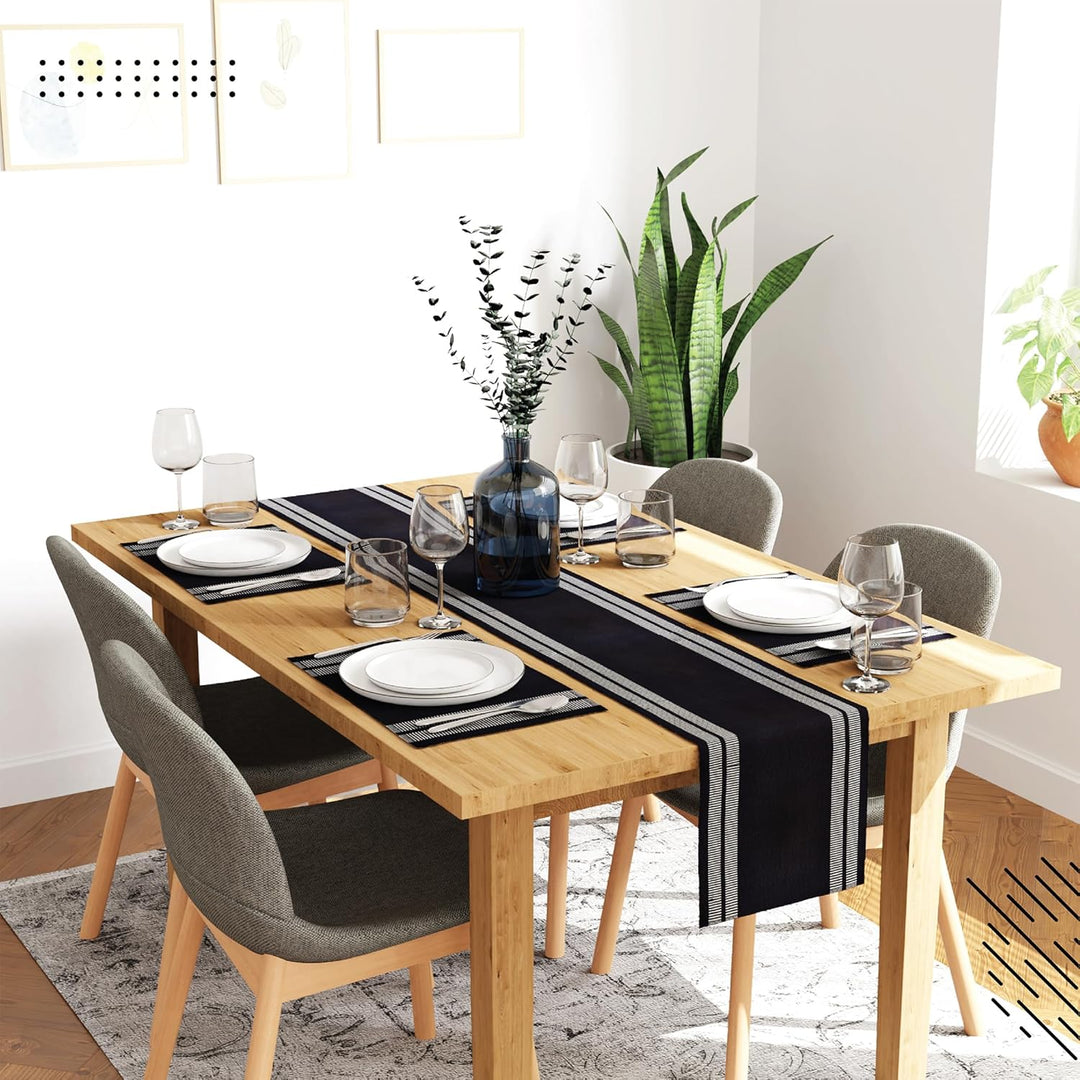 Encasa Homes Esszimmer-Set (4 Tischsets + 1 Tischläufer) | Ladder Black | Fein gerippte Baumwolle |