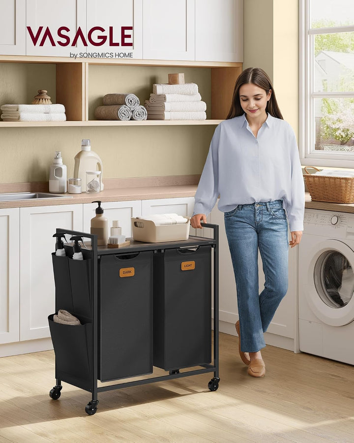 VASAGLE Wäschekorb 2 Fächer, 100 L, Wäschewagen mit Ablage, Rollen | Wäschesammler/-sortierer/-sack,