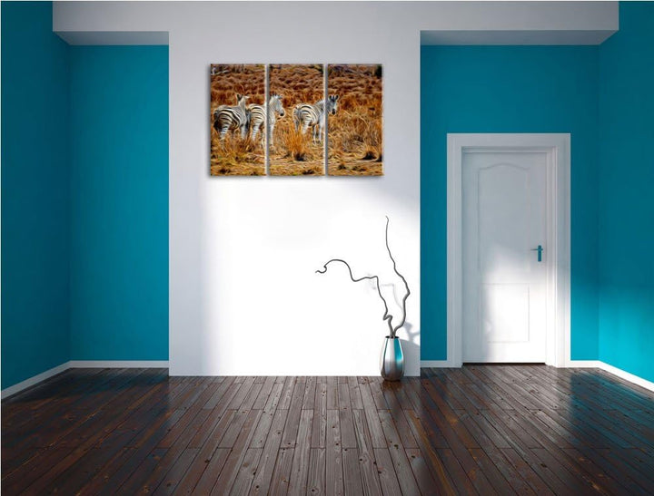 Zebraherde im Wildgras Spezial 3-Teiler Leinwandbild 120x80 Bild auf Leinwand, XXL riesige Bilder fe