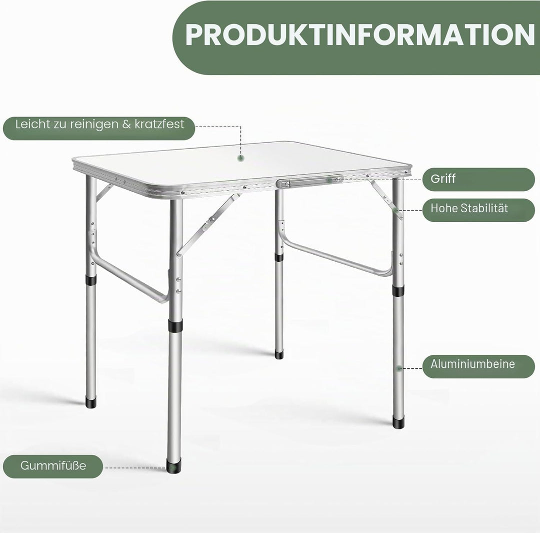 EFAN Campingtisch zusammenklappbar mit 2 verstellbaren Höhen, kleiner Klapptisch aus Aluminium, 75 c
