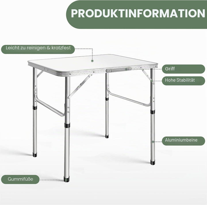 EFAN Campingtisch zusammenklappbar mit 2 verstellbaren Höhen, kleiner Klapptisch aus Aluminium, 75 c