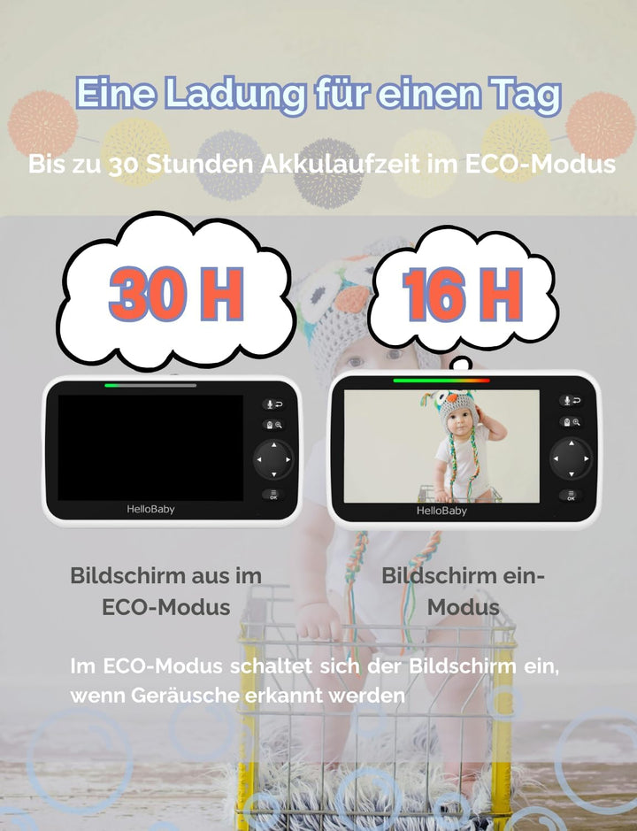 HelloBaby Babyphone mit Kamera und Nachtsicht, 5" (12,7 cm) Display mit 30-Stunden-Akku, Pan-Tilt-Zo