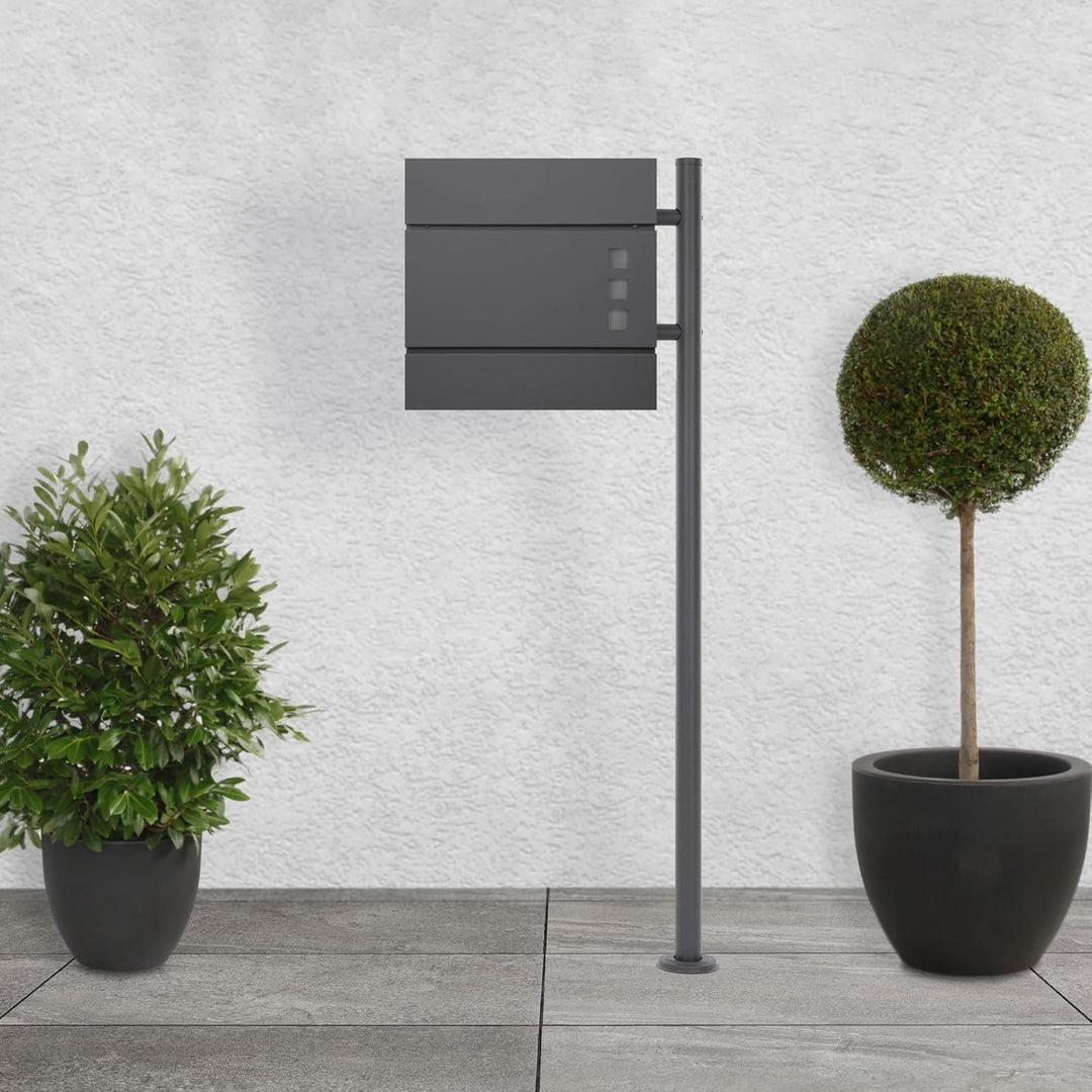 ML-Design Briefkastenständer pulverbeschichteter Edelstahl Anthrazit Gesamthöhe 120 cm Rund Freisteh