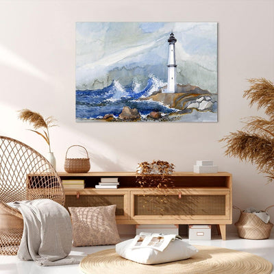 Bilder auf Leinwand 100x70cm Leinwandbild Leuchtturm Wasser Illustration Welle Gross Wanddeko Bild S