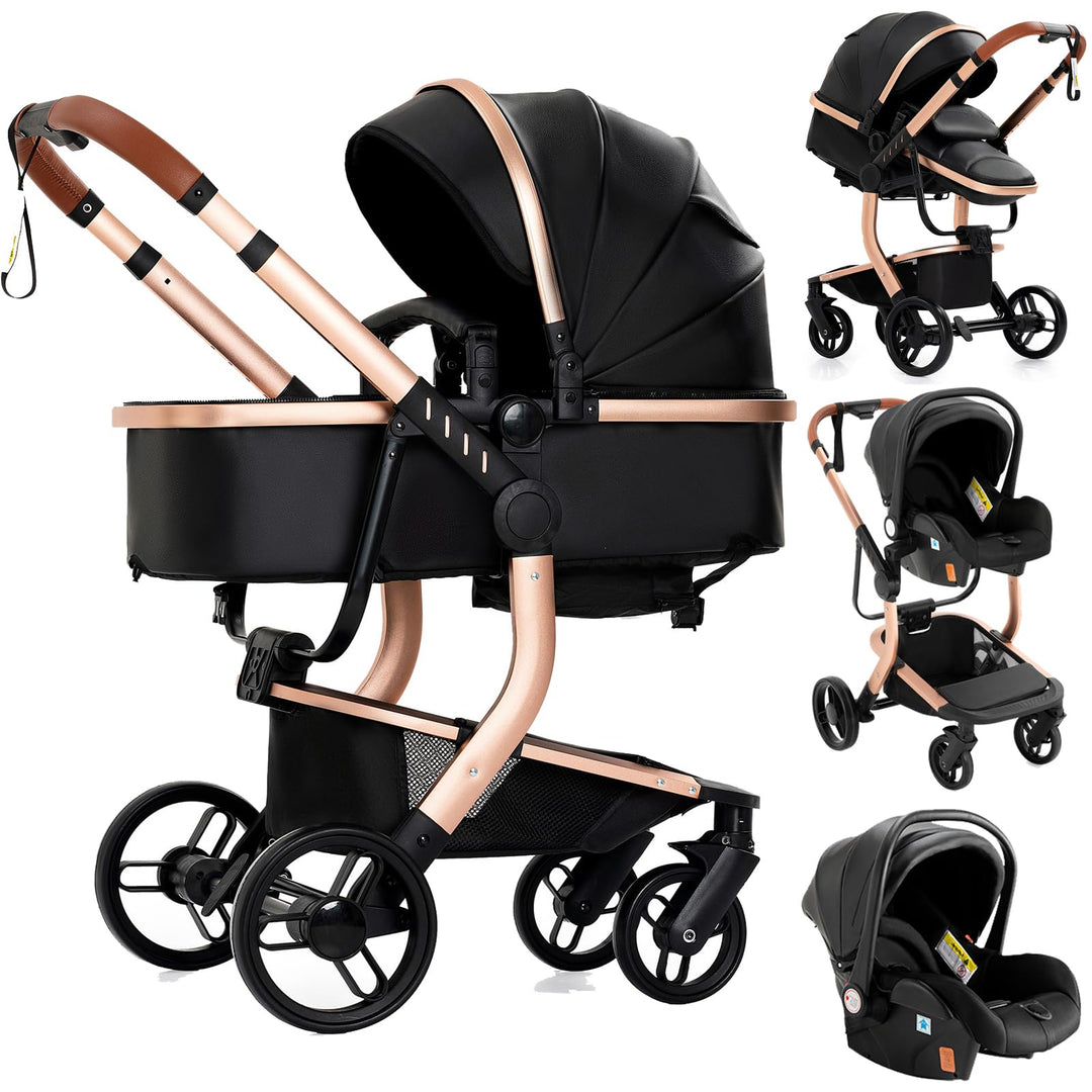 Doraystar PU-Leder Kinderwagen 3 in 1, Kombikinderwagen 3 in 1 mit Zwei Umkehrbaren Schiebemodi, Kin