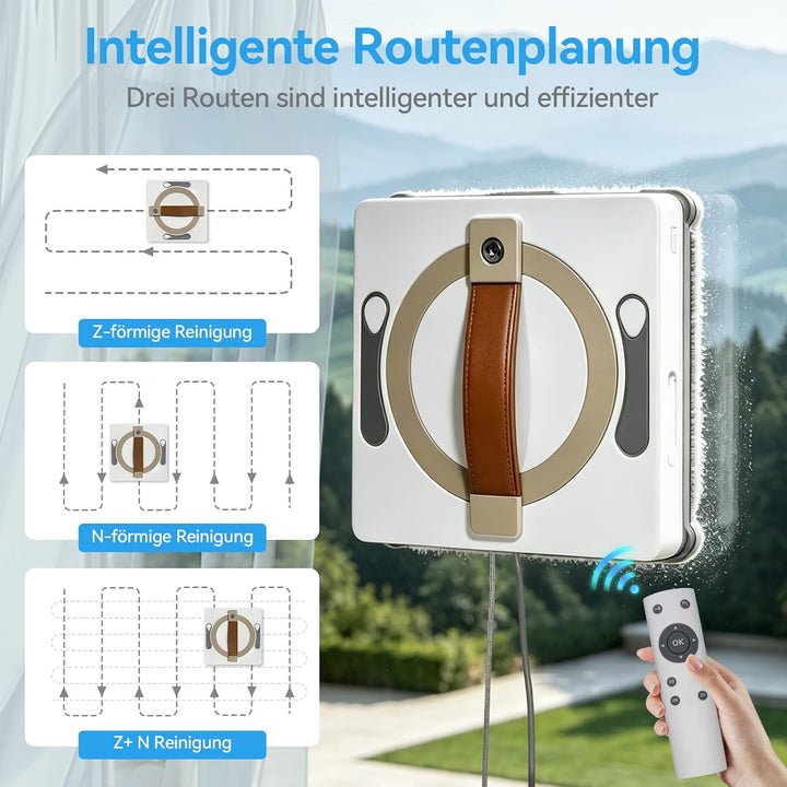Fensterreiniger mit 4 Sprühdüsen, 8000Pa Saugkraft, Brushloser Motor, Z N Z+N Reinigungsmodi, Fernbe