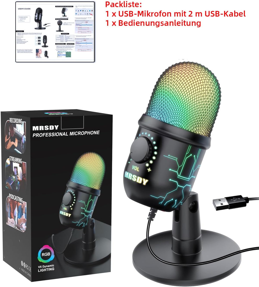 MRSDY USB-Gaming-Mikrofon für PC mit Rauschunterdrückung | Stummschalten, Verstärkung, RGB, Kondensa
