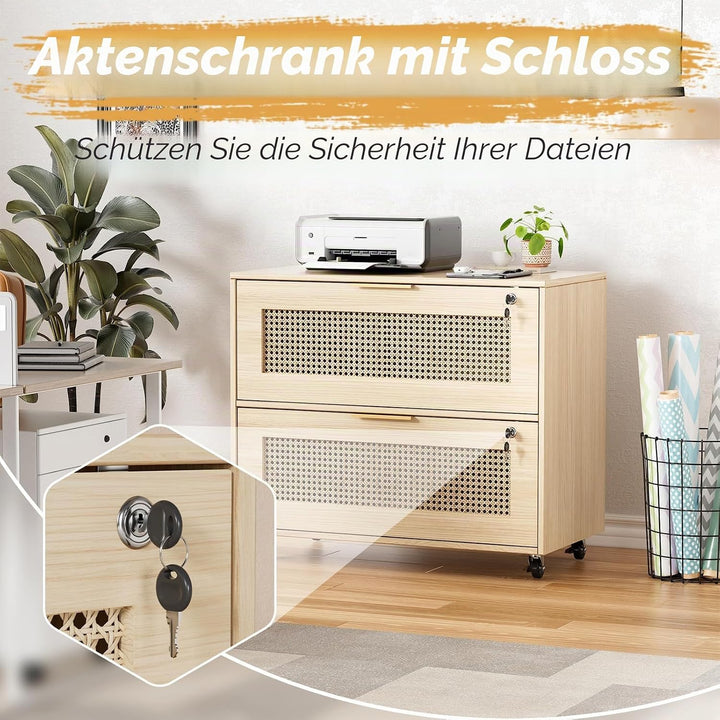 Rollcontainer Rattan, Büroschrank Abschliessbar, Mobiler Aktenschrank mit 4 Rollen, Ordnerschrank mi