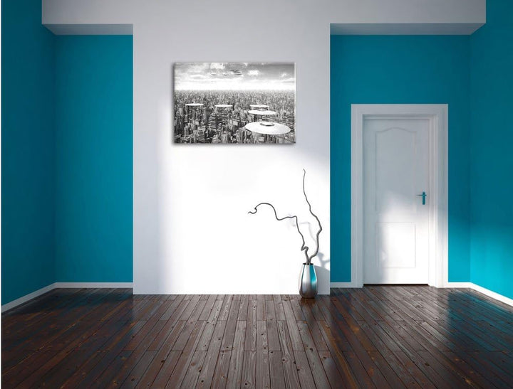 Pixxprint UFO´s über der Stadt Kunst als Leinwandbild/Grösse: 100x70 / Wandbild/Kunstdruck/fertig be