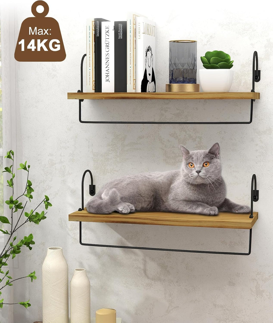 Petrala Holz Wandregal Kaffeebar Küchenregal Schweberegale 2er Set, Wandboard mit Handtuchhalter Hak
