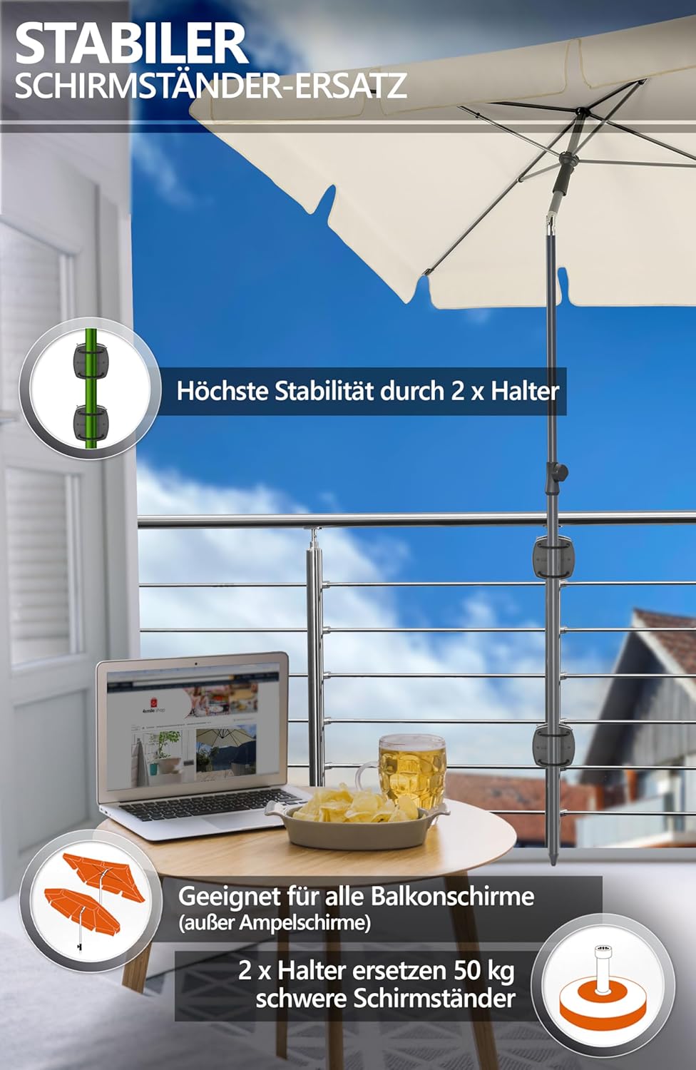4smile Sonnenschirm Balkon SunnyShade - Sonnenschutz Balkon 4-in-1 SET, Beige - Sonnenschirm rechtec