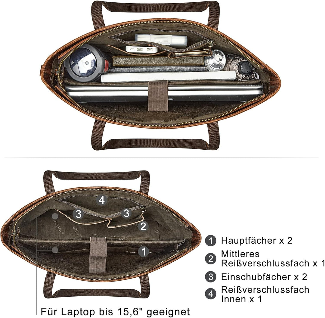 S-ZONE Damen Umhängetasche Echtleder Schultertasche Grosse Handtasche Arbeitstasche Dunkelbraun-l, D