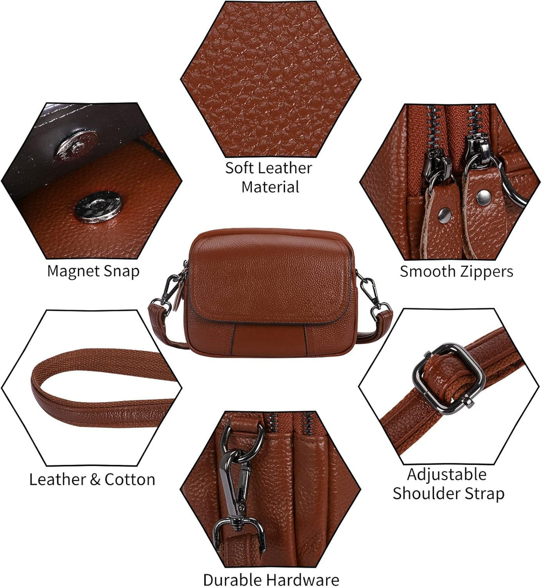 HAWEE Damen Handy Umhängetasche Echtes Leder Crossbody Schultertasche mit 3 Reissverschlüsse Kleine