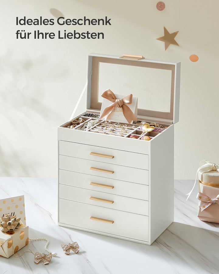 SONGMICS Schmuckkästchen, Schmuckkasten mit 6 Ebenen, Schmuckbox mit Glasdeckel, 5 Schubladen, für S