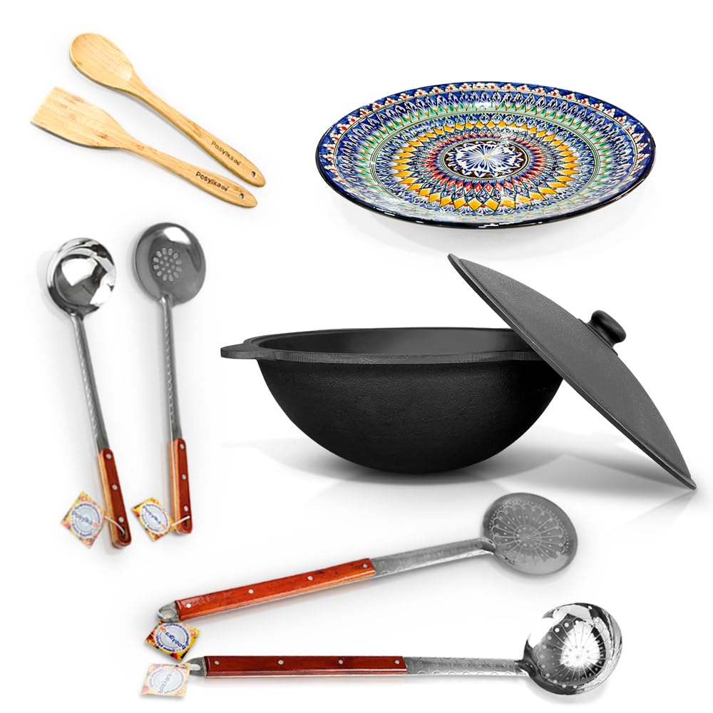Set - Usbekischer Gusseisen Kasan 22 L runder Boden, Deckel aus Aluminiumguss 2 Schaumlöffel 64 cm S