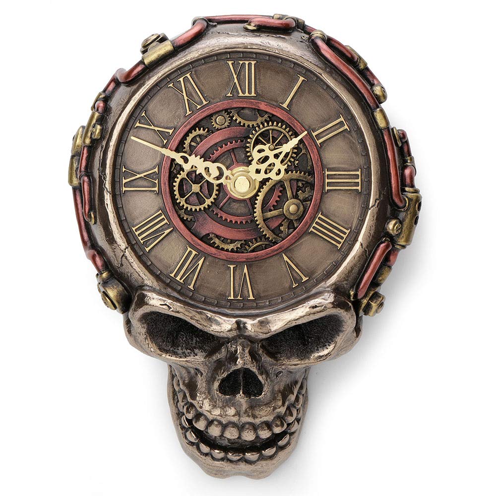 Veronese Design Wanduhr, Steampunk, flach, Totenkopf, mechanisch, zum Aufhängen, Antik-Bronze-Finish