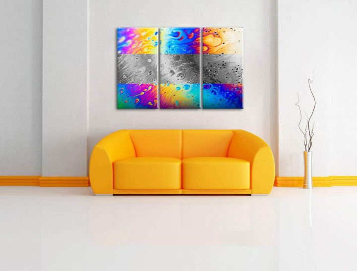 bunte Ölspritzer auf Glas schwarz/weiss 3-Teiler Leinwandbild 120x80 Bild auf Leinwand, XXL riesige